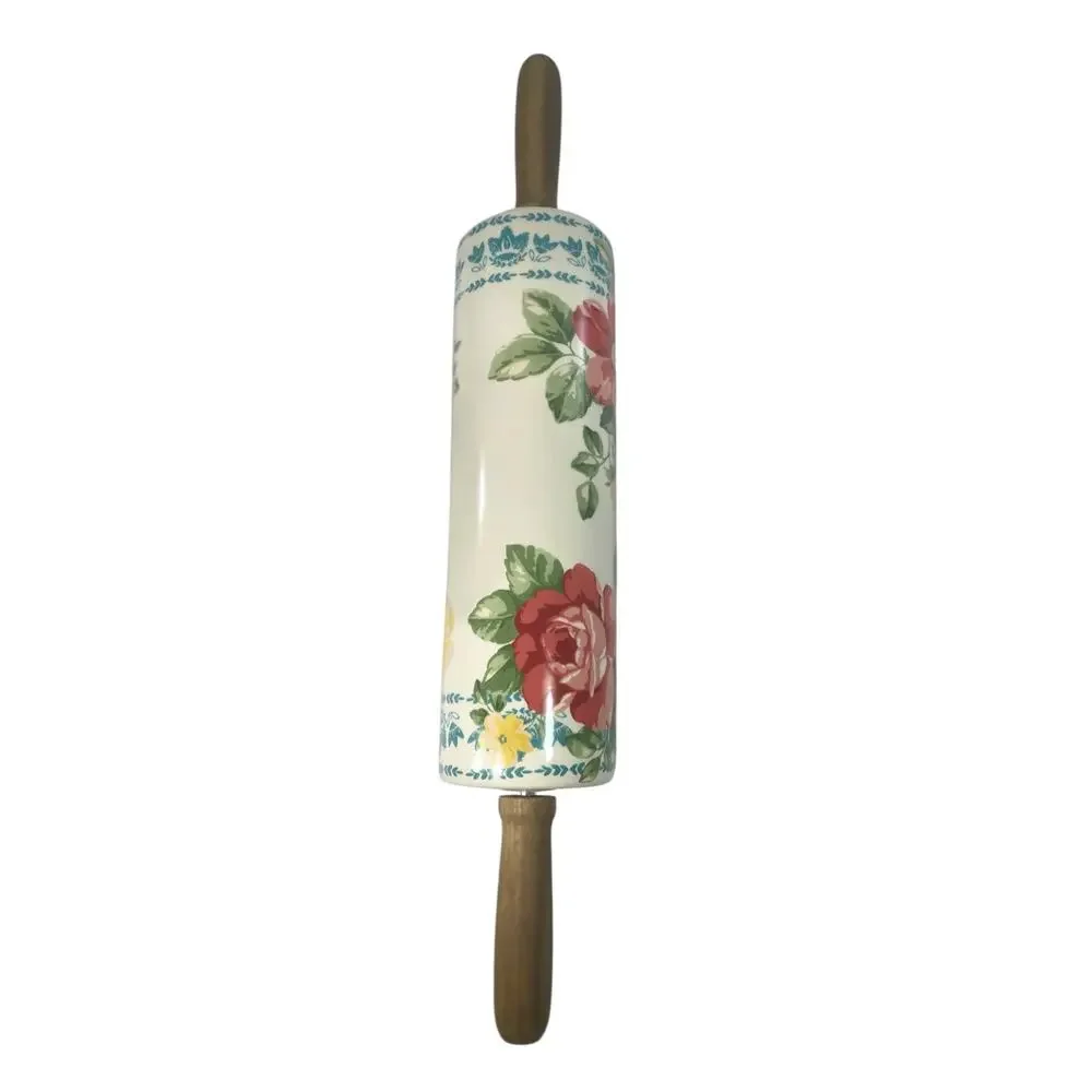 Pioneer Woman Vintage Floral Ceramic Rolling Pin Wood Handles Retired Coquette